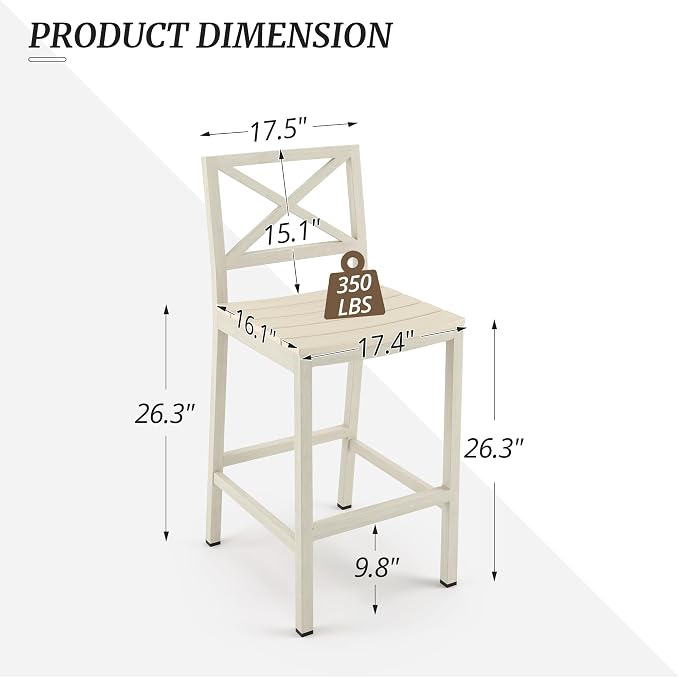 Outdoor Bar Stools Set of 2, 26 Inch All Weather HDPS Patio Counter Height - Image 3