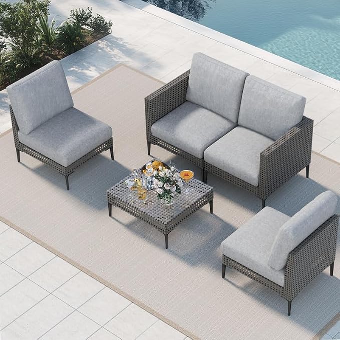 Outdoor Patio Sofa Conversation Set–Rattan 4 Seats Comfortable Couch by JOCOEVOL