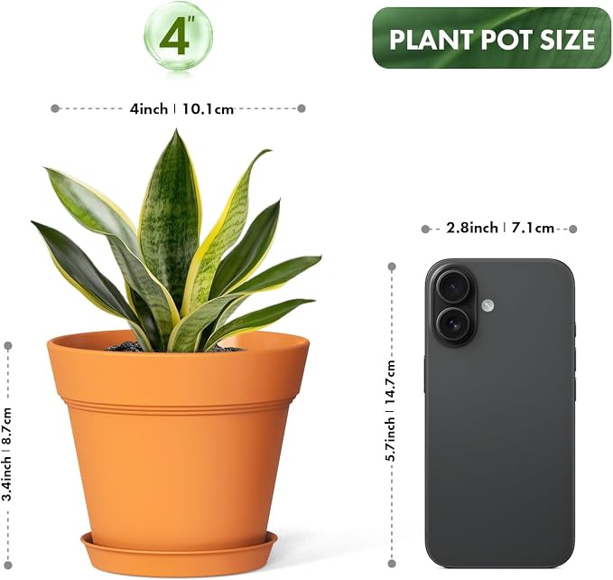 4 Inch Plastic Plant Pots with Drainage Holes and Trays – 8 Pack Small Nursery - Image 3
