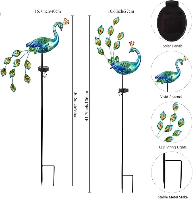 DREAMSOUL Peacock Solar Lights Outdoor 2 Pack, Waterproof Outdoor Solar Lights - Image 2