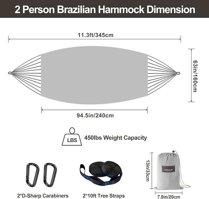 Brazilian Double Hammock with Tree Straps, Extra Large 94x63IN, 2 Persons - Image 3