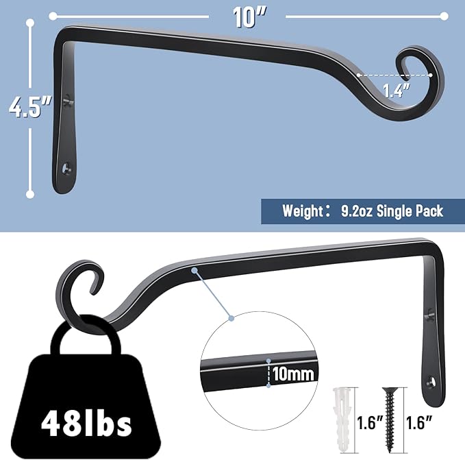 FEED GARDEN Wall Hook Hanging Plant Bracket 10 Inch 2 Pack, Hand-Forged Plant - Image 2