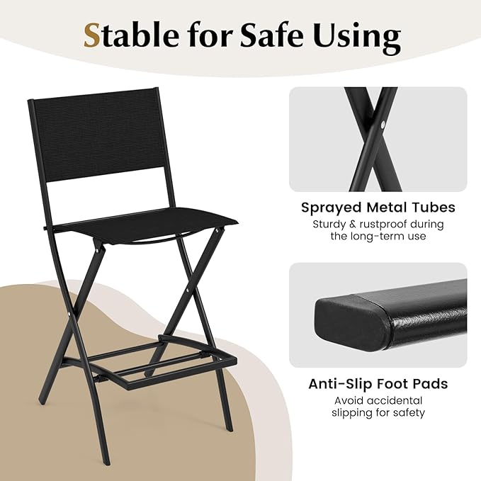 COSTWAY Outdoor Patio Bar Chair Set of 2, Folding Bar Height Stool - Image 4