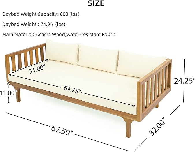 Merax Solid Acacia Wood Couch Chaise Lounge Chair Indoor, 3 Seater Daybed Sofa - Image 2