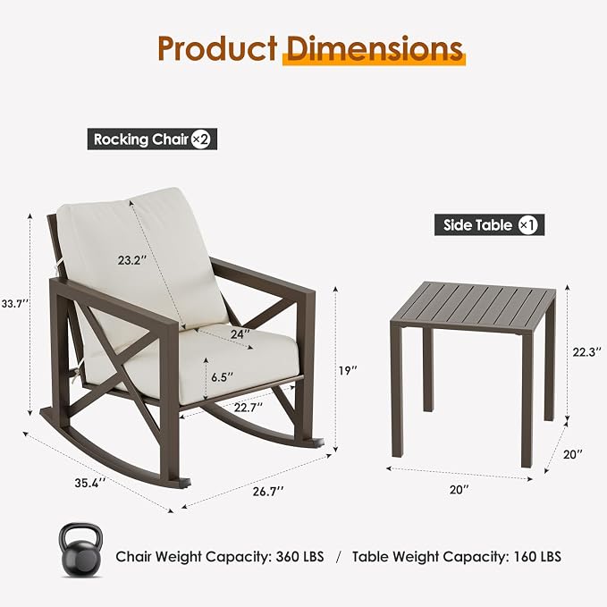 Outdoor Rocking Bistro Set, Patio Rocking Chairs Set of 2 - Image 6