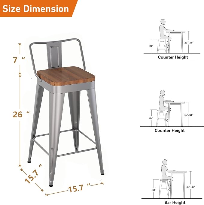 Bar Stools Set of 4 Metal Bar Stool Counter Height Bar Stools Sliver, Modern - Image 2