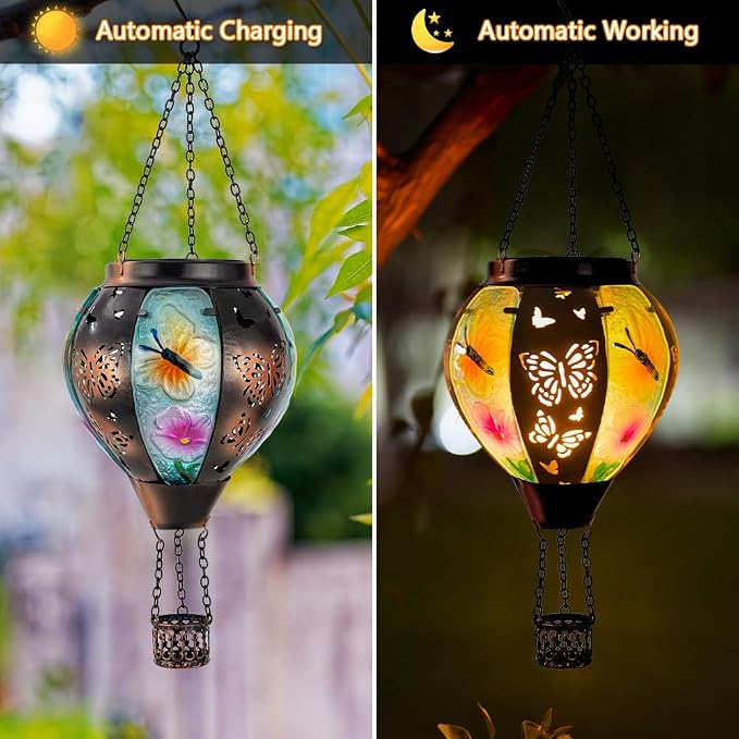 DREAMSOUL Butterfly Hot Air Balloon Solar Lantern, Glass & Metal Outdoor - Image 7