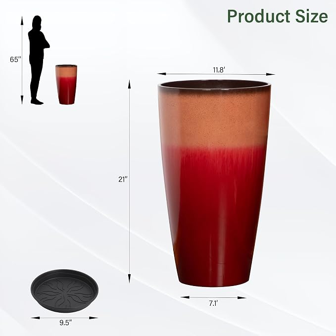Set of 2 Lightweight Ceramic-Look Tall Planter, 21 inch Large Plastic Planter - Image 3