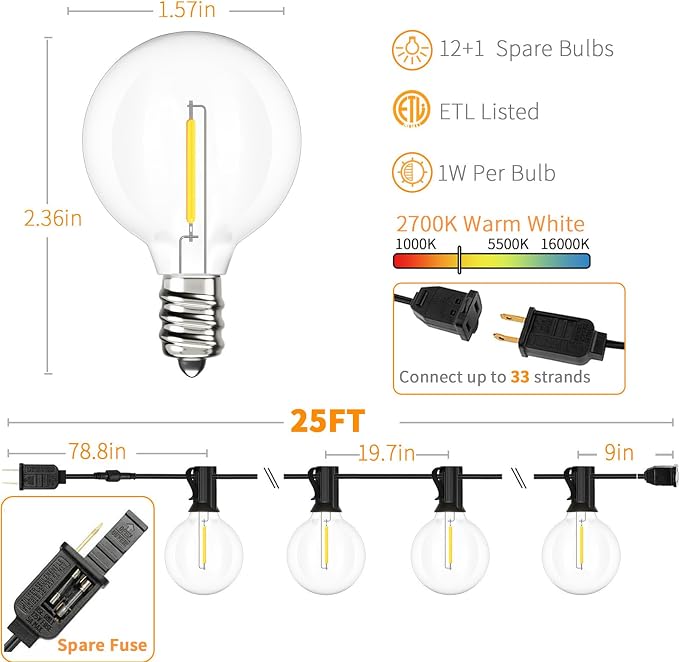 Svater Outdoor String Lights LED 25 FT, Patio Globe Lights - Image 2