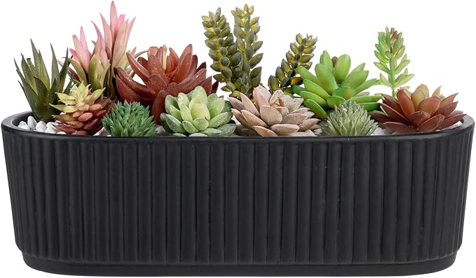 MyGift 12 Inch Ceramic Succulent Planter, Oval Matte Black Planter Pot by MyGiftHome