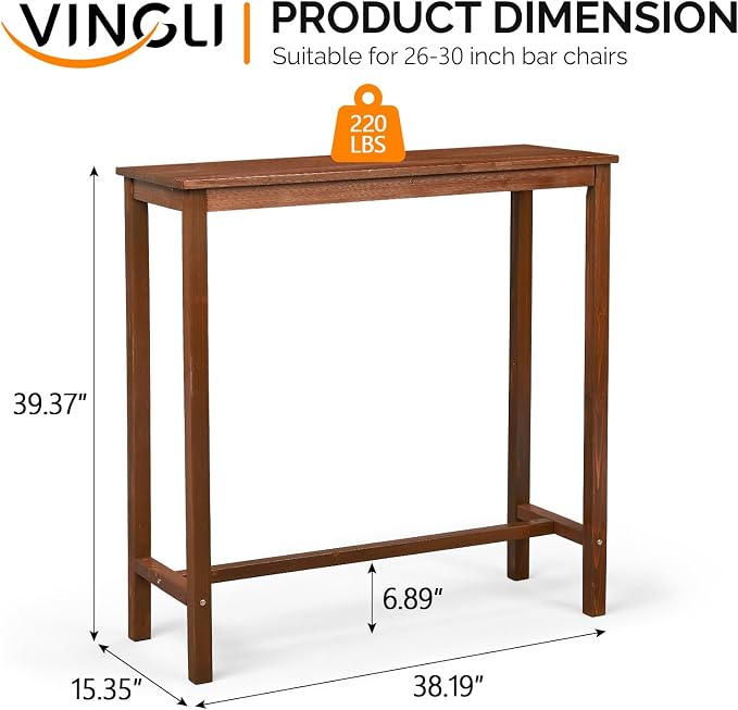 VINGLI Wooden Outdoor Bar Table, Wood Patio Counter Height Table, - Image 3