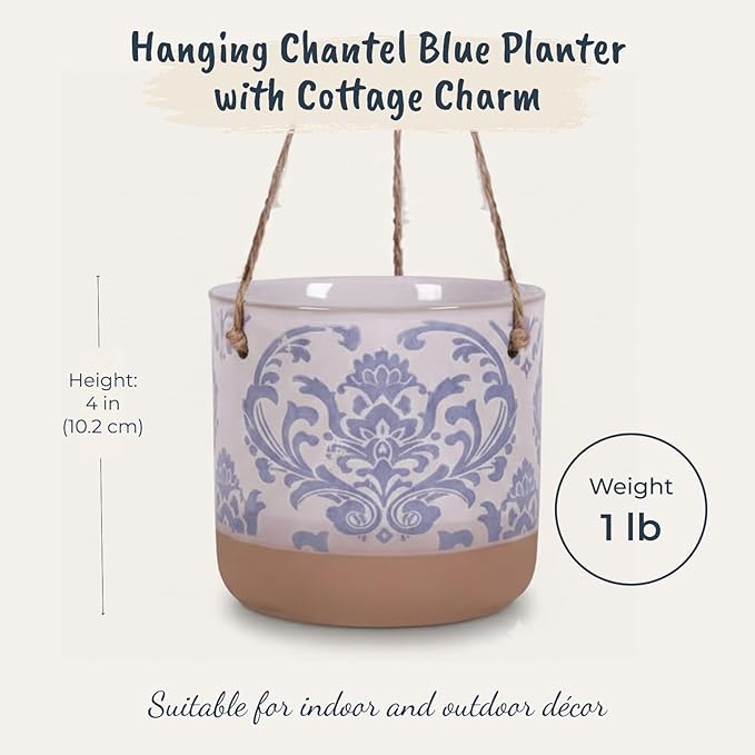 Blue Sky Clayworks 5" Hanging Chantel Blue Planter, Soft Blue Damask & Clay Foot - Image 3