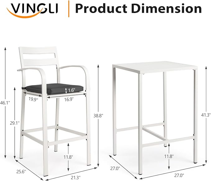 VINGLI 3-Piece Outdoor Bar Set, Aluminum Bar Height Table & 2 Chairs - Image 3