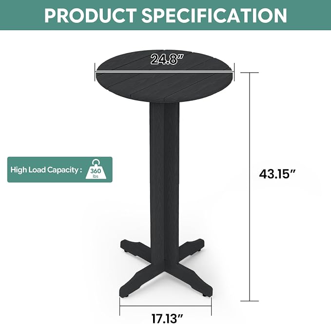 3-Piece Outdoor Bar Table Set, HDPE Patio Dining Set, 1 Round Bar Table & 2 Bar - Image 8