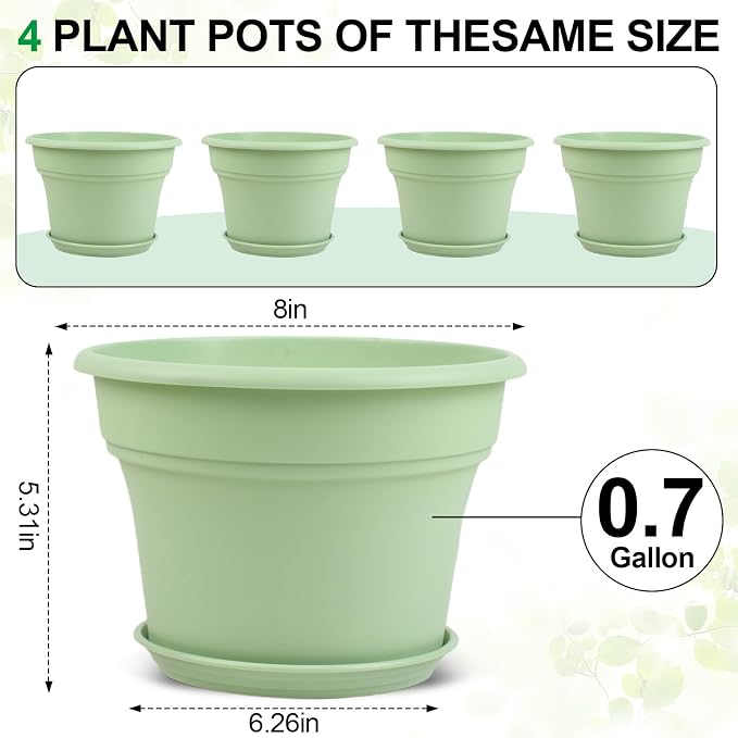 8 Inch Plastic-Flower Pot-for-Indoor Plants, 4 Pack Large Outdoor Planter Pot - Image 3