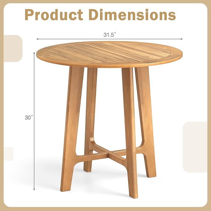 Tangkula 31.5" Round Patio Dining Table, Teak Wood Outdoor Dining Table - Image 3