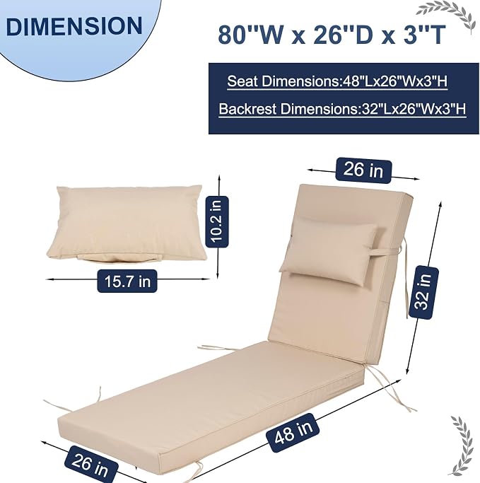 Outdoor Chaise Lounge Cushions Set of 2, Waterproof Fade Resistant Patio - Image 4