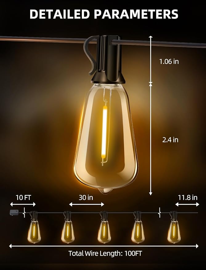 Outdoor Patio String Lights 100ft: ST38 LED Shatterproof Bulbs 3 Modes Button - Image 7