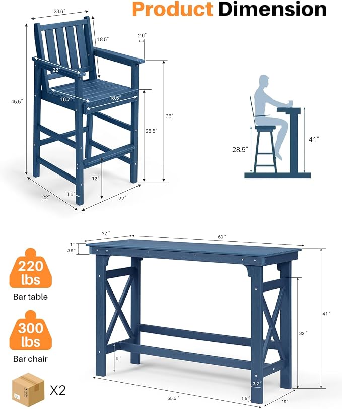 3 Pieces HDPE Outdoor Patio Bar Set, Rectangular Outdoor Bar Height Table and - Image 4