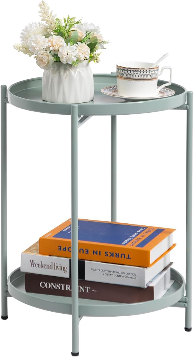 HollyHOME 2-Tier Round Side Table, Outdoor Small Folding Accent Stand by HollyHOME
