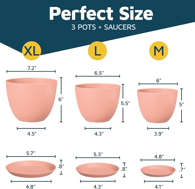 Pink Plant Pots with Drainage Holes & Saucers 3 Pack, Indoor & Outdoor - Image 2