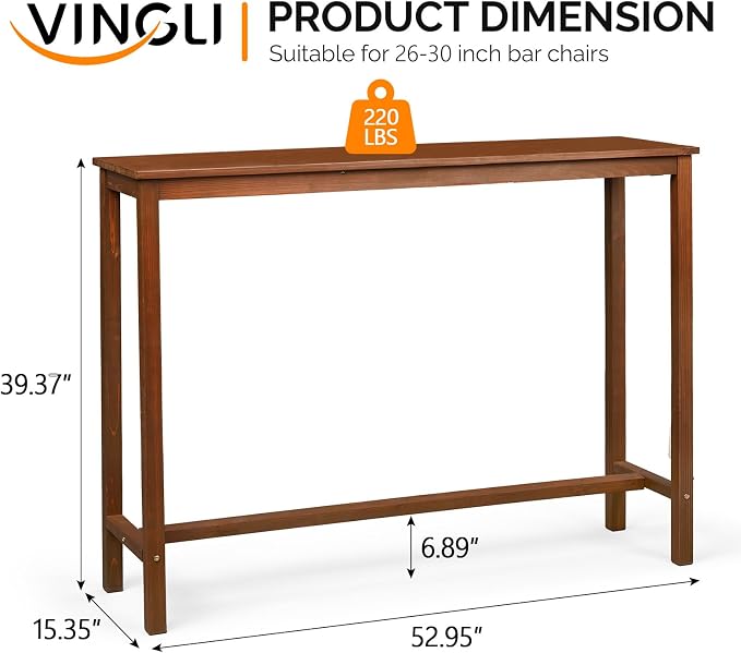 VINGLI Wooden Outdoor Bar Table, Wood Patio Counter Height Table, - Image 3
