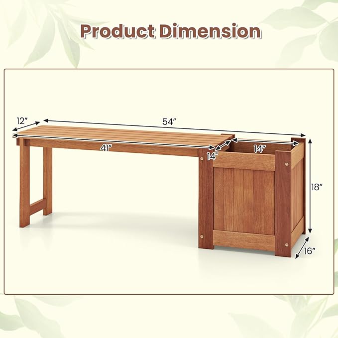 HAPPYGRILL Outdoor Bench with Raised Garden Bed, Wood Planter Box with Spacious - Image 3
