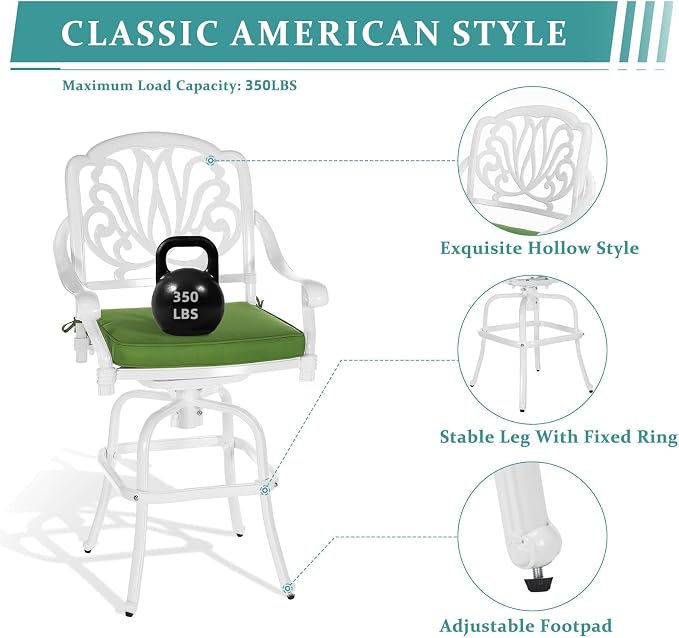 MEETWARM 2 Piece Patio Swivel Bar Chairs, All Weather Cast Aluminum High Swivel - Image 4