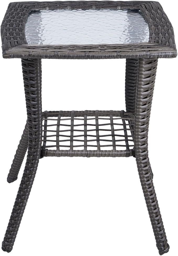 Outdoor Side Table with Storage Wicker Patio Side Table, Tempered Glass Top End - Image 4
