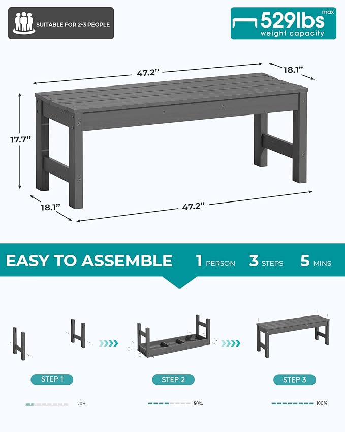 SERWALL 47 Inches Outdoor Bench, All Weather HDPE Backless Bench - Image 3