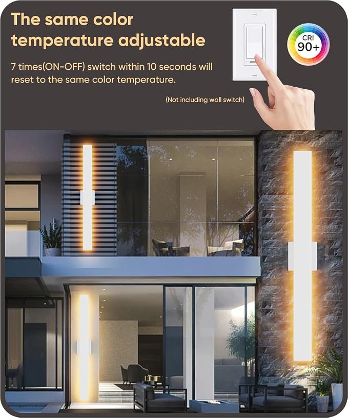 Aipsun 2 Packs Outdoor Wall Sconce, 3000K 4000K 6000K, 31.5in Modern White - Image 3