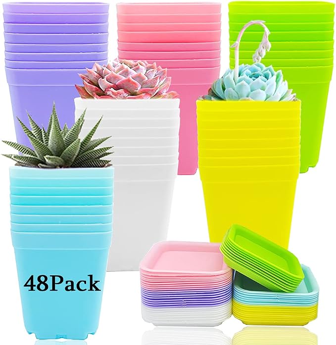 Haawooky 48 PCS 3 Inch Colorful Plastic Plant Pot, Plastic Square Nursery Pots by Haawooky