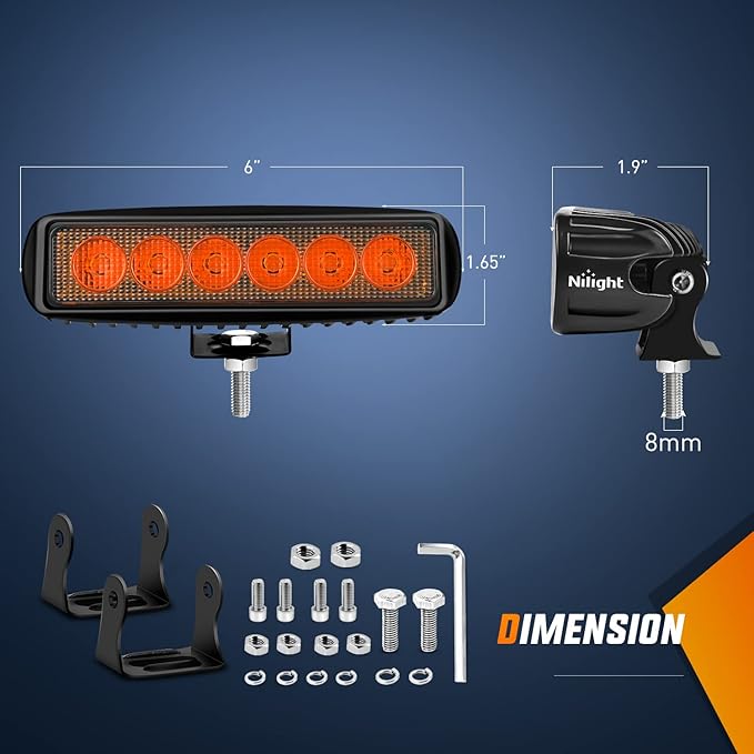 Nilight 6 inch Amber LED Light Bar 2PCS 18W Spot Driving Fog Single Row Off - Image 2