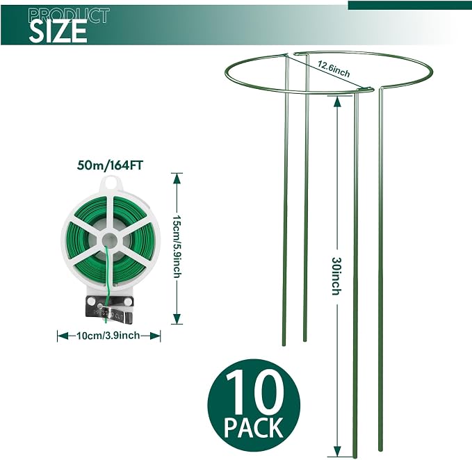 10 Pack 30 Inch Plant Support Stakes, Heavy-Duty Half Round Peony Support Ring - Image 2