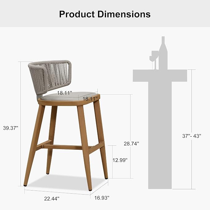 PURPLE LEAF Outdoor Bar Height Stool Set of 2 Modern Rattan Bar Chairs - Image 6