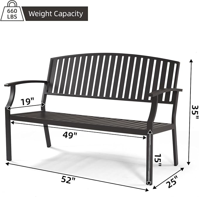 52" Outdoor Bench Weatherproof, Rust-Resistant Aluminum Metal Patio Garden Bench - Image 2