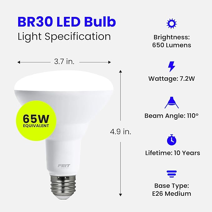 Feit Electric BR30 LED Light Bulb, 65W Equivalent, 650 Lumens, E26 Standard Base - Image 3
