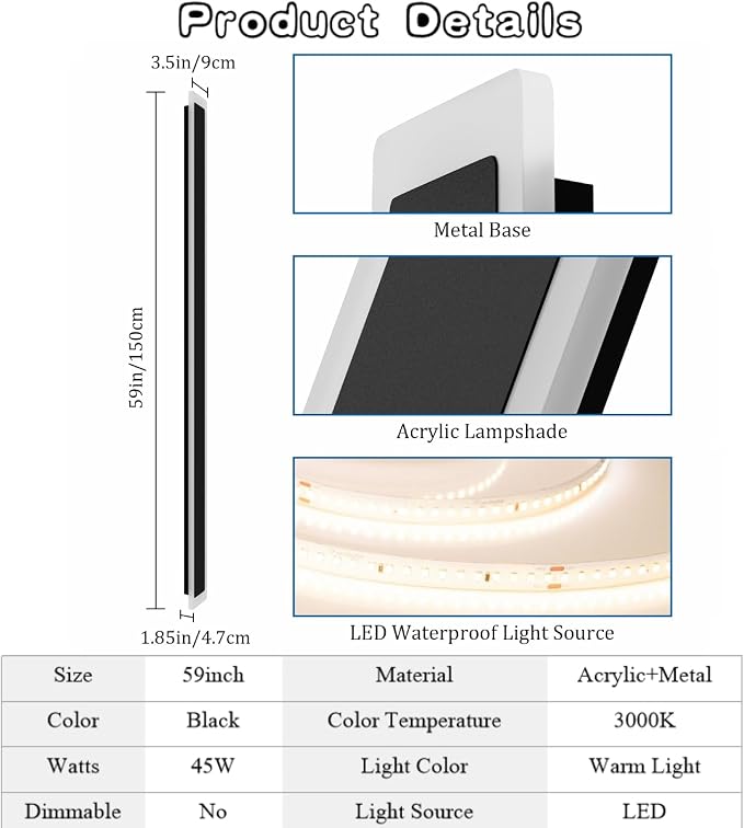 59in Long Outdoor LED Light IP65 Waterproof, Modern Exterior Wall Sconce Black - Image 3