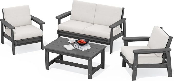 SERWALL HDPE Outdoor Furniture Set 4, All Weather Wood-Like Outdoor Sofa by SERWALL