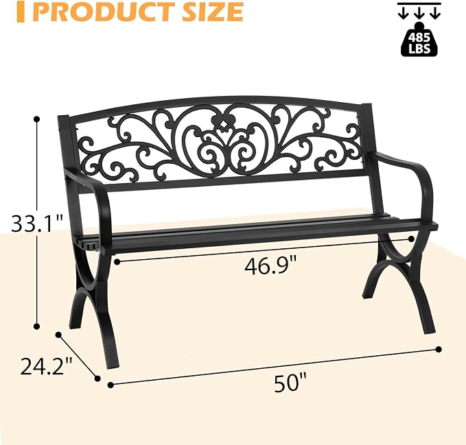 PayLessHere Black Outdoor Metal Loveseat Chairs Patio Garden Bench 50-inch - Image 2