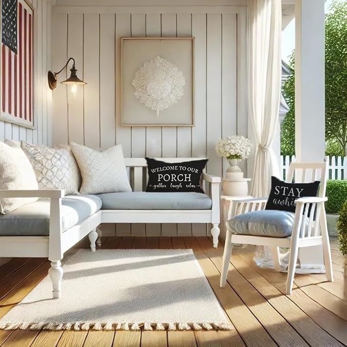 PANDICORN Welcome to Our Porch Stay Awhile Farmhouse Black and White Outdoor - Image 2