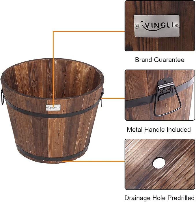 VINGLI 3 PCS Large Wooden Planter Barrel Set, 11.5"- 18" Real Wood - Image 4