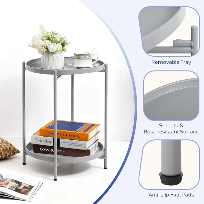 HollyHOME 2-Tier Round Side Table, Outdoor Small Folding Accent Stand - Image 4