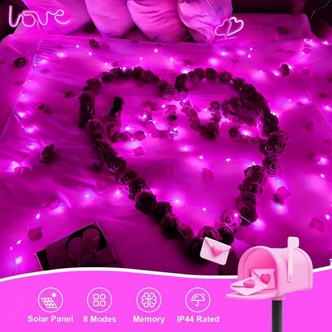 QITONG 4 Pack Pink Solar Fairy Lights, Each 33ft 100 LED String Lights Outdoor - Image 2