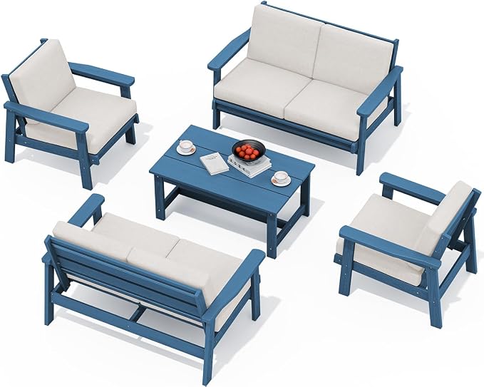 SERWALL HDPE Patio Furniture Set, 5 Piece All Weather Wood-Like Sectional by SERWALL