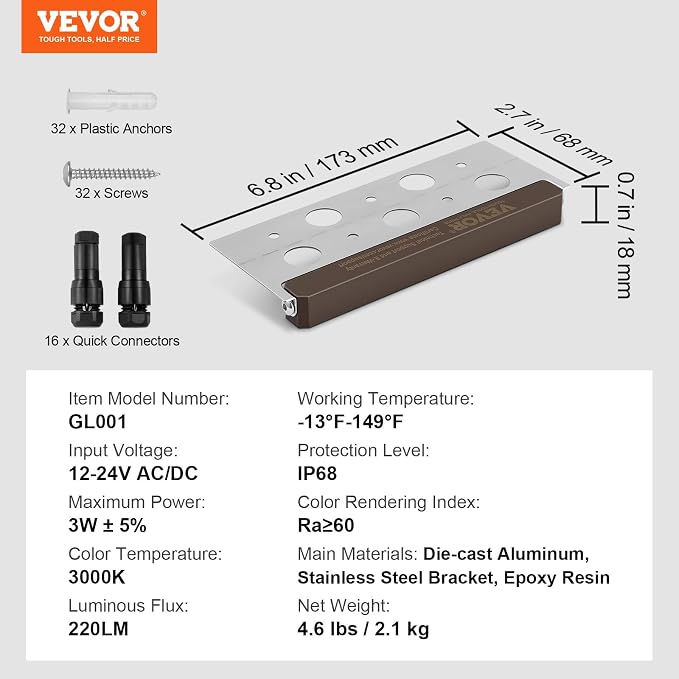 VEVOR LED Hardscape Lighting, 6.8 Inch Retaining Wall Lights, 3W 12V-24V AC/DC - Image 7