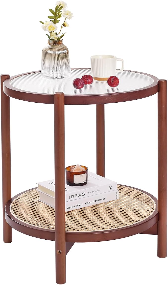Tiita Rattan Nightstand Side Table, Bamboo Accent Bedside Tables, Glass Coffee by TiitaHome