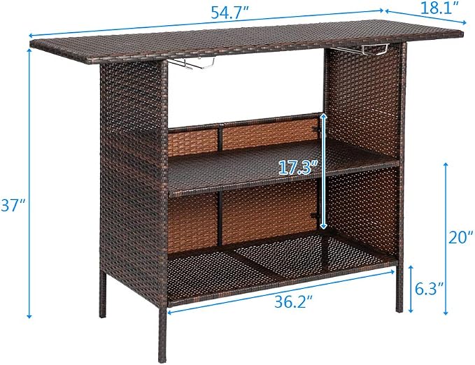Outdoor Patio Wicker Bar Counter Table Backyard Furniture w/ 2 Steel Shelves - Image 2