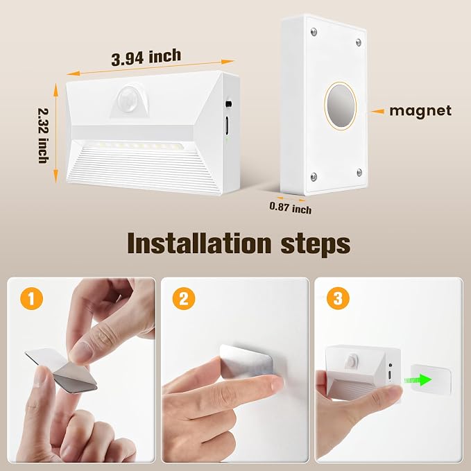 VOLISUN Motion Sensor Stair Light Rechargeable 8 Pack, Night Lights 3 Modes & 3 - Image 8