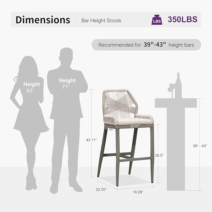 PURPLE LEAF Bar Stool 1 Piece Outdoor Bar Height Metal Stool Modern Wicker - Image 3